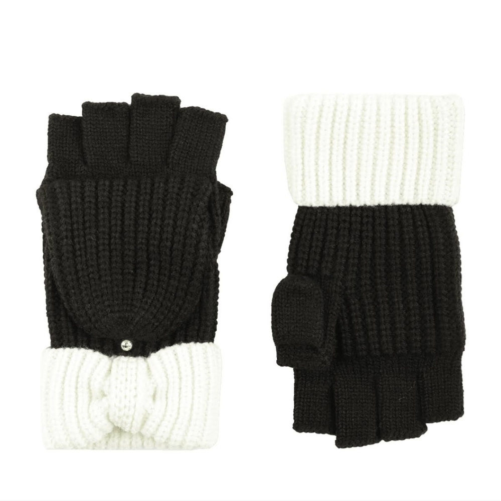 Kate Spade New York Bow Cuff Pop-Top Gloves Black & Cream Wool Blend NWT SO